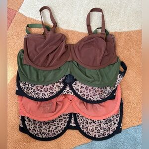 EUC CUUP wired unlined mesh Bra Bundle - Brown, Green, Leopard, Orange (36G)